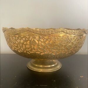 Vintage Large Brass Bowl, Filigree Cutwork Edge